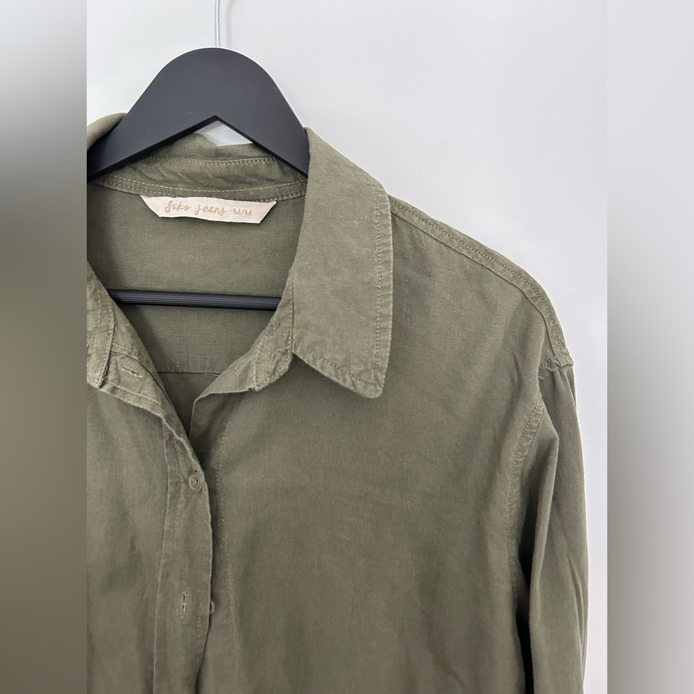 Suko oversized linen blend green button down shirt - Picture 2 of 6